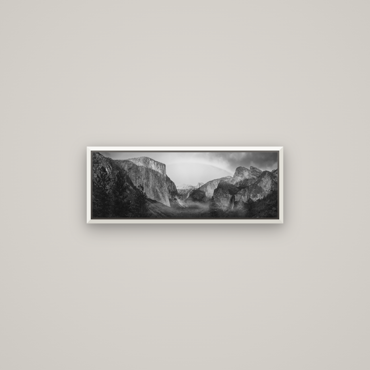 Yosemite's Embrace, Tunnel View at Sunset — Basel White, 68×24 cm. New Zealand fine art wall art by Stephen Milner.