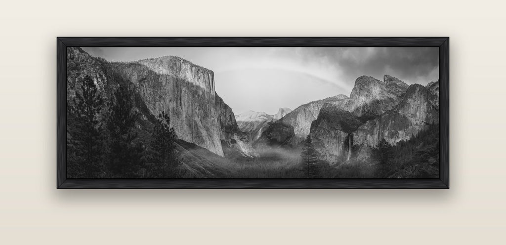 Yosemite's Embrace, Tunnel View at Sunset — black float frame canvas, 152 × 56 cm. New Zealand fine art landscape wall art by Stephen Milner.
