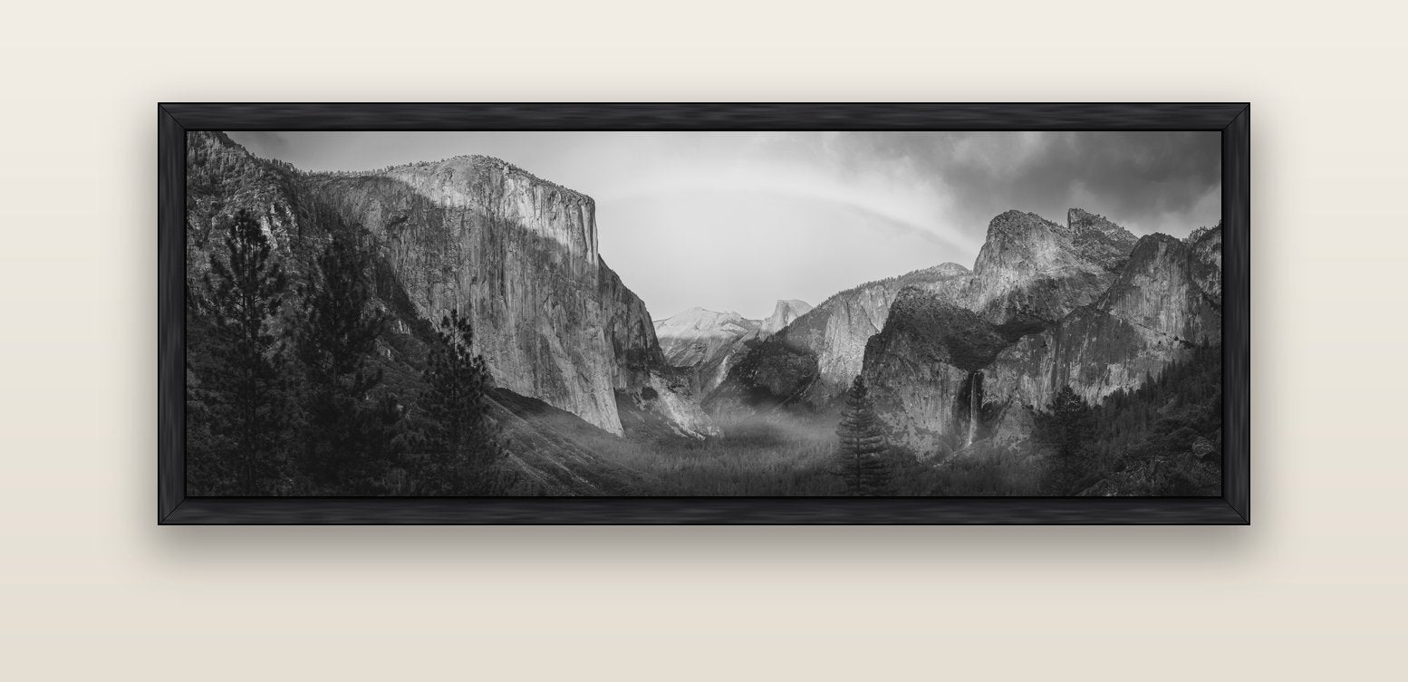 Yosemite's Embrace, Tunnel View at Sunset — black float frame canvas, 152 × 56 cm. New Zealand fine art landscape wall art by Stephen Milner.