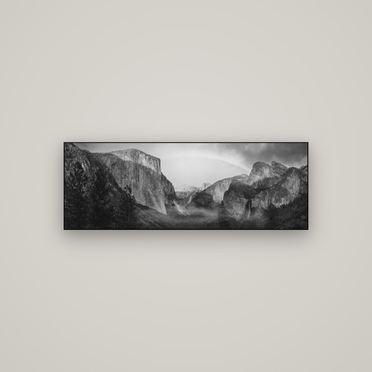 Yosemite's Embrace, Tunnel View at Sunset — Slimline Black, 113×40 cm. New Zealand fine art wall art by Stephen Milner.