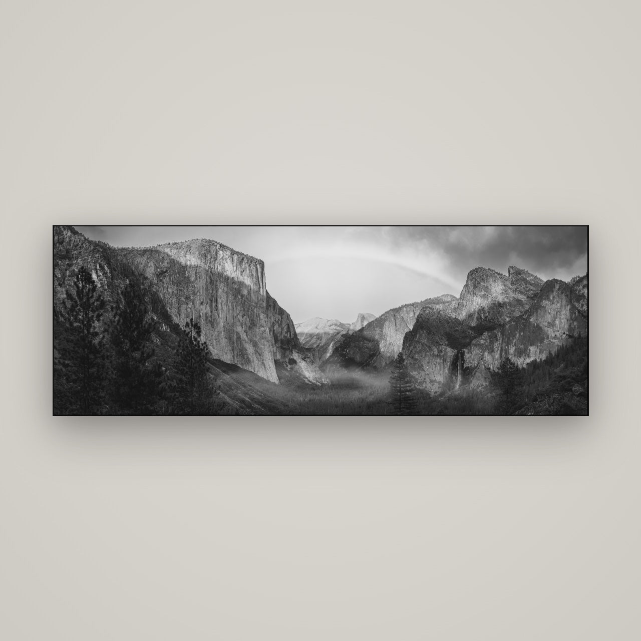 Yosemite's Embrace, Tunnel View at Sunset — Slimline Black, 170×60 cm. New Zealand fine art wall art by Stephen Milner.