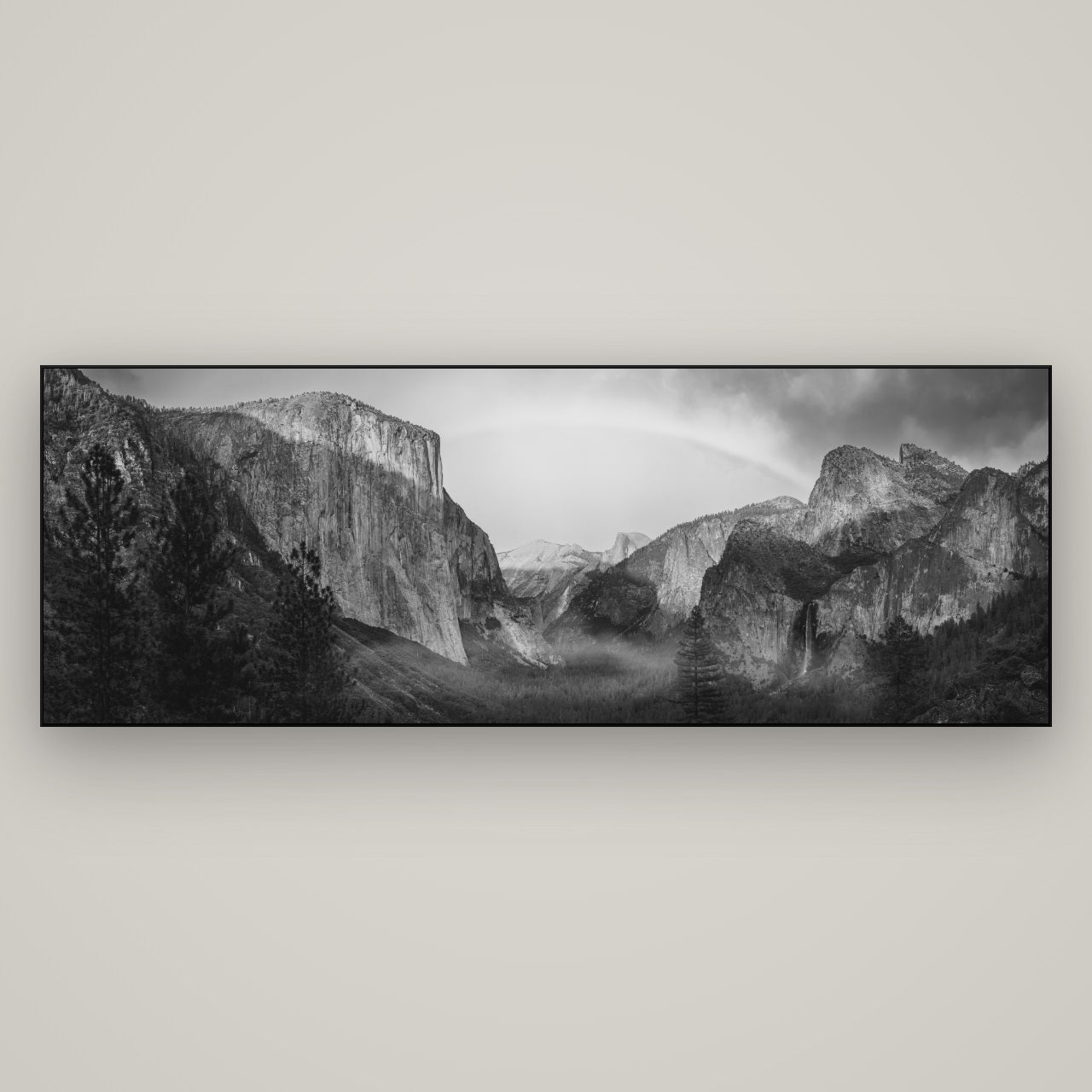 Yosemite's Embrace, Tunnel View at Sunset — Slimline Black, 198×70 cm. New Zealand fine art wall art by Stephen Milner.