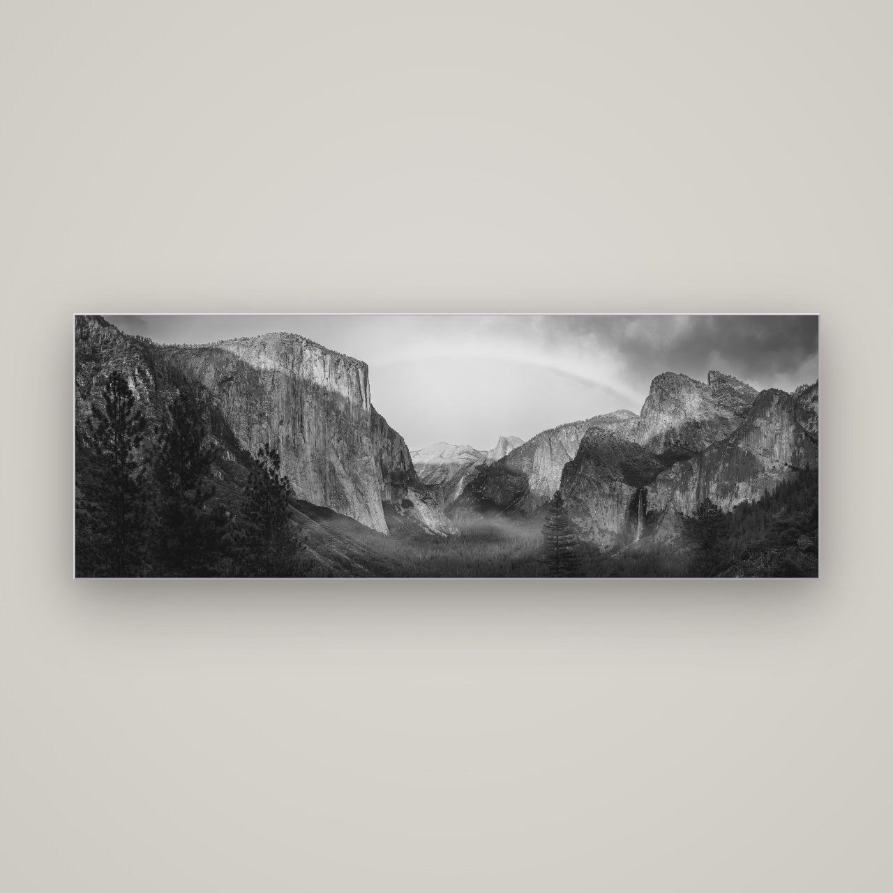 Yosemite's Embrace, Tunnel View at Sunset — Slimline Silver, 170×60 cm. New Zealand fine art wall art by Stephen Milner.
