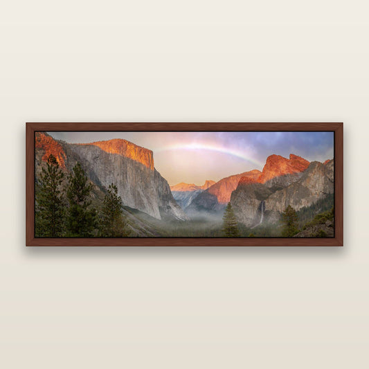 Yosemite's Golden Embrace, A Sunset's Radiant Promise — framed metallic canvas print, Brown frame. New Zealand fine art landscape wall art by Stephen Milner.