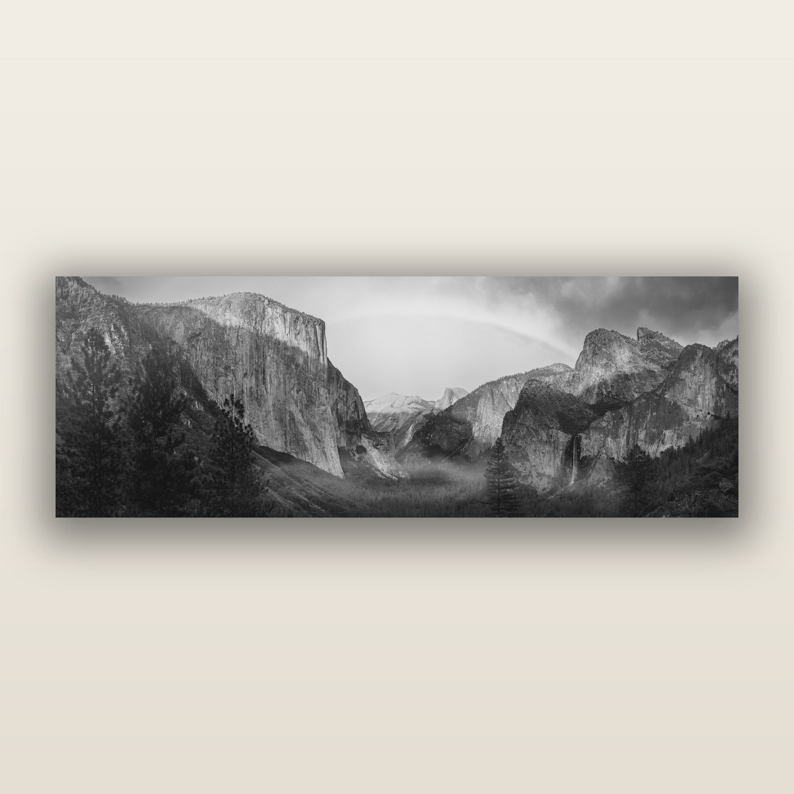 Yosemite's Embrace, Tunnel View at Sunset, black and white frameless acrylic glass print. New Zealand fine art photography by Stephen Milner.