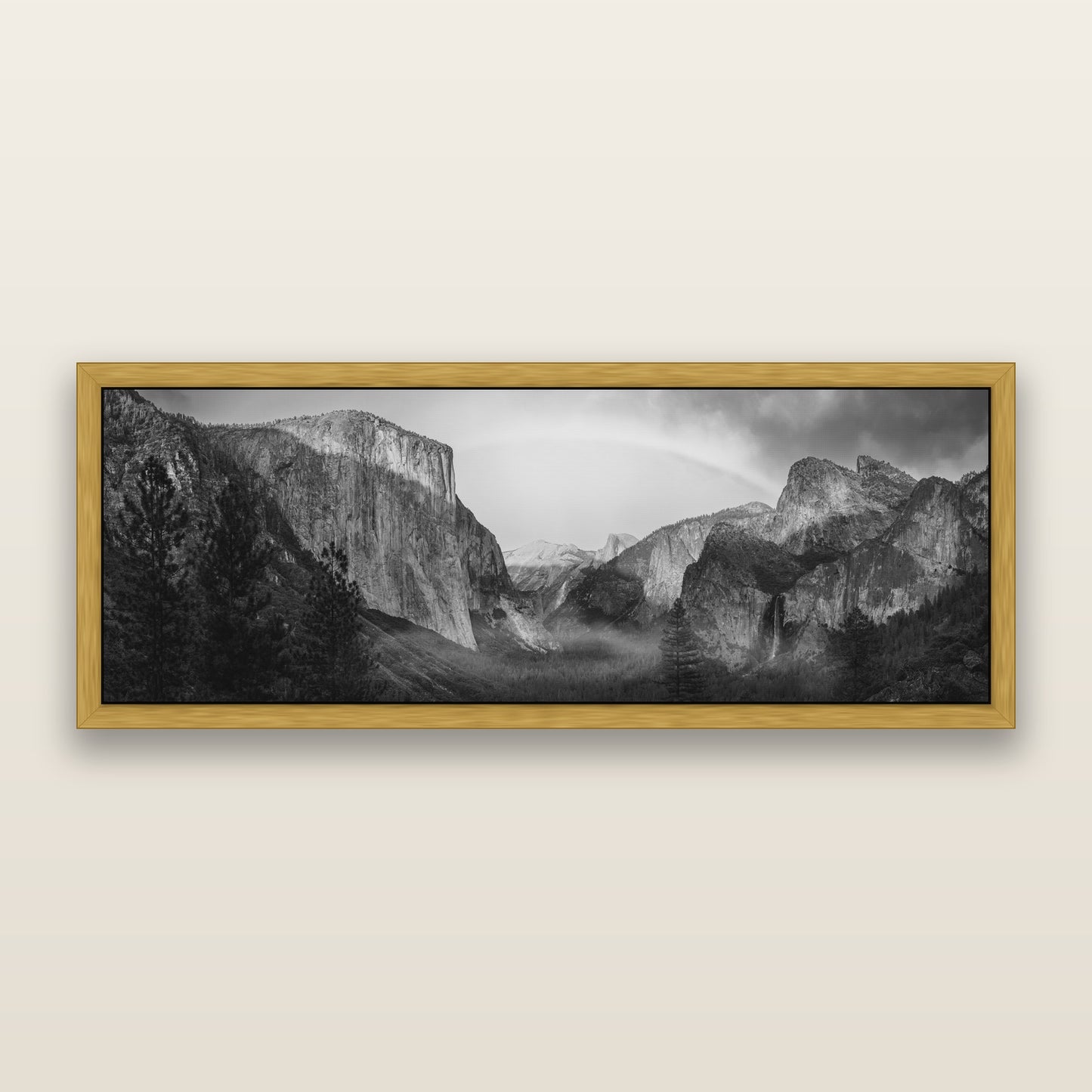 Yosemite's Embrace, Tunnel View at Sunset, black and white framed metallic canvas print, Antique Gold frame. New Zealand fine art wall art by Stephen Milner.