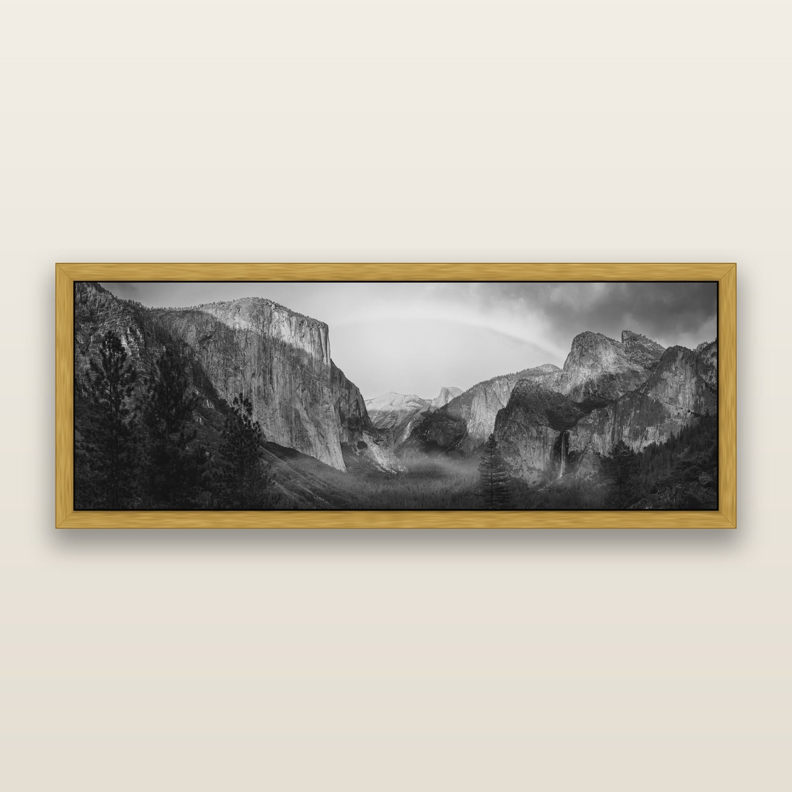 Yosemite's Embrace, Tunnel View at Sunset, black and white framed metallic canvas print, Antique Gold frame. New Zealand fine art wall art by Stephen Milner.