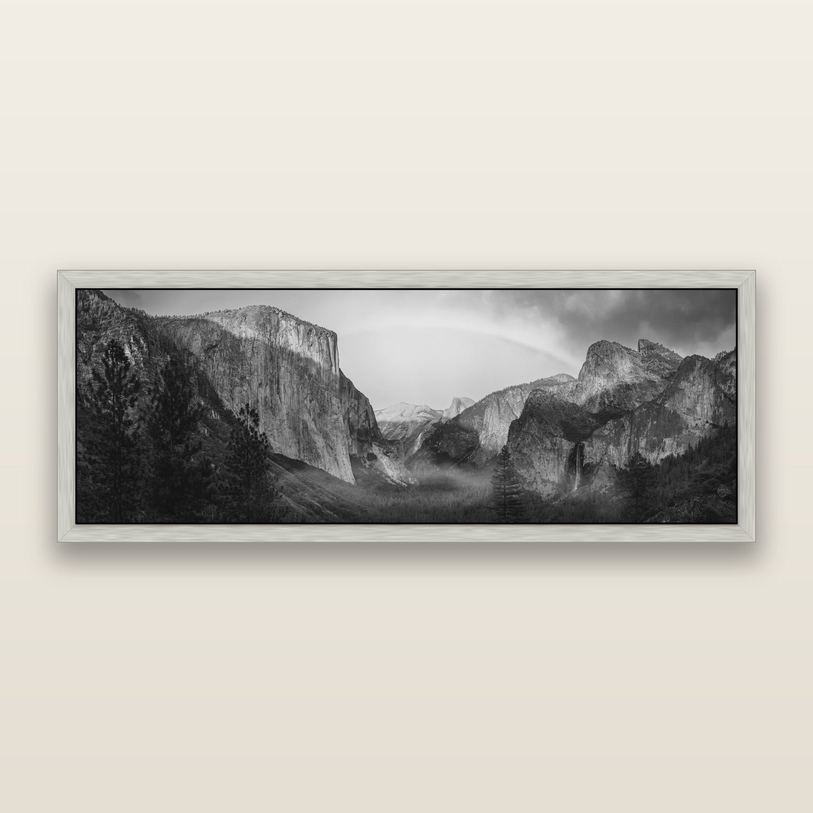 Yosemite's Embrace, Tunnel View at Sunset, black and white framed metallic canvas print, Antique Silver frame. New Zealand fine art wall art by Stephen Milner.