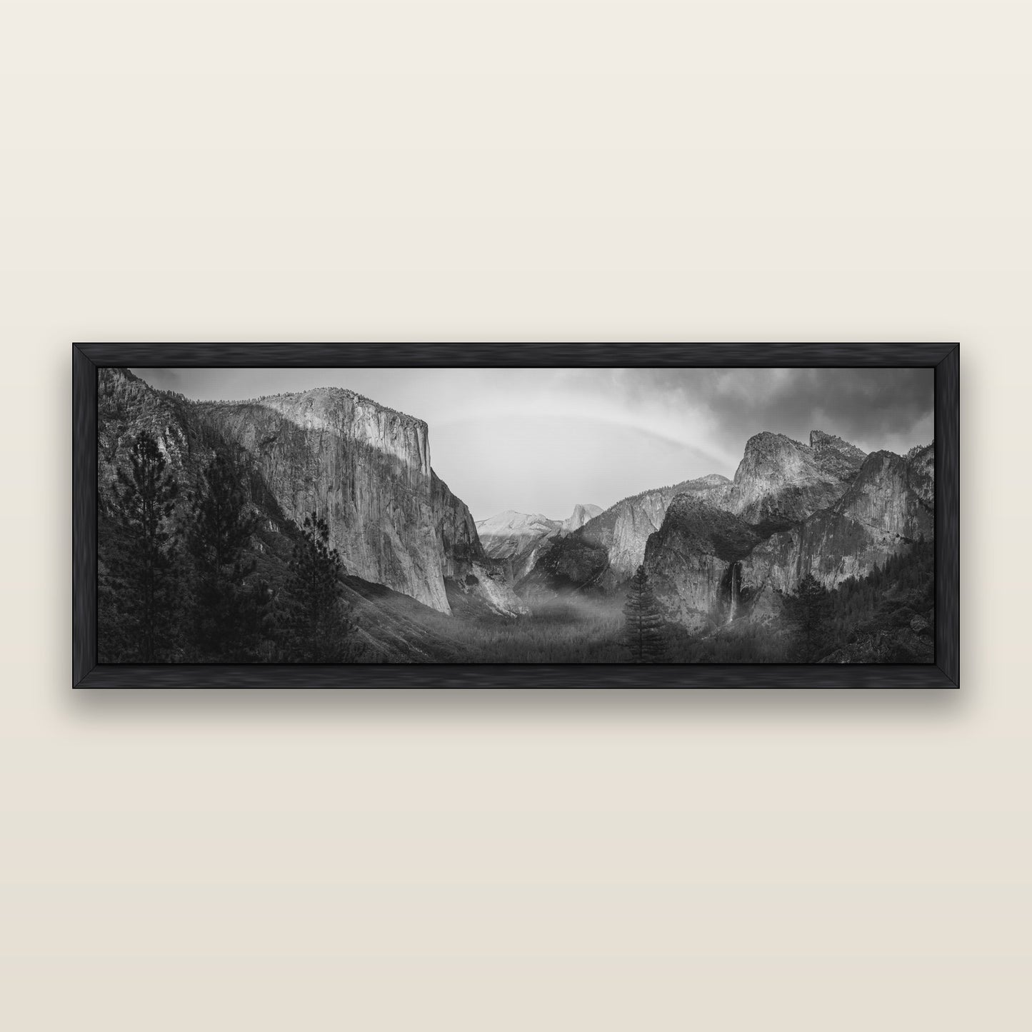 Yosemite's Embrace, Tunnel View at Sunset, black and white framed metallic canvas print, Black frame. New Zealand fine art wall art by Stephen Milner.
