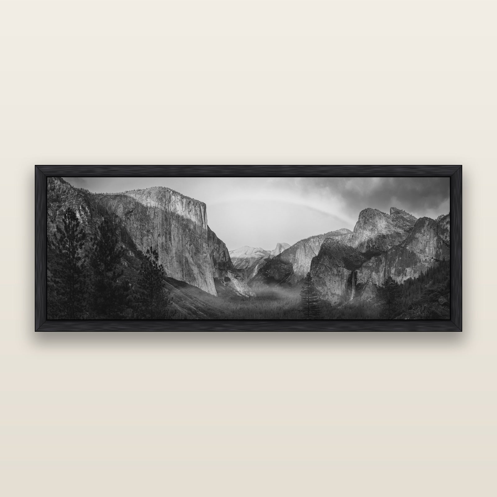 Yosemite's Embrace, Tunnel View at Sunset, black and white framed metallic canvas print, Black frame. New Zealand fine art wall art by Stephen Milner.