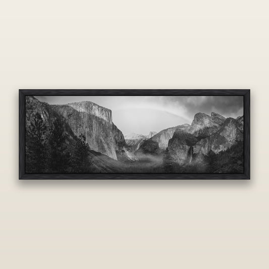 Yosemite's Embrace, Tunnel View at Sunset, black and white framed metallic canvas print, Black frame. New Zealand fine art wall art by Stephen Milner.