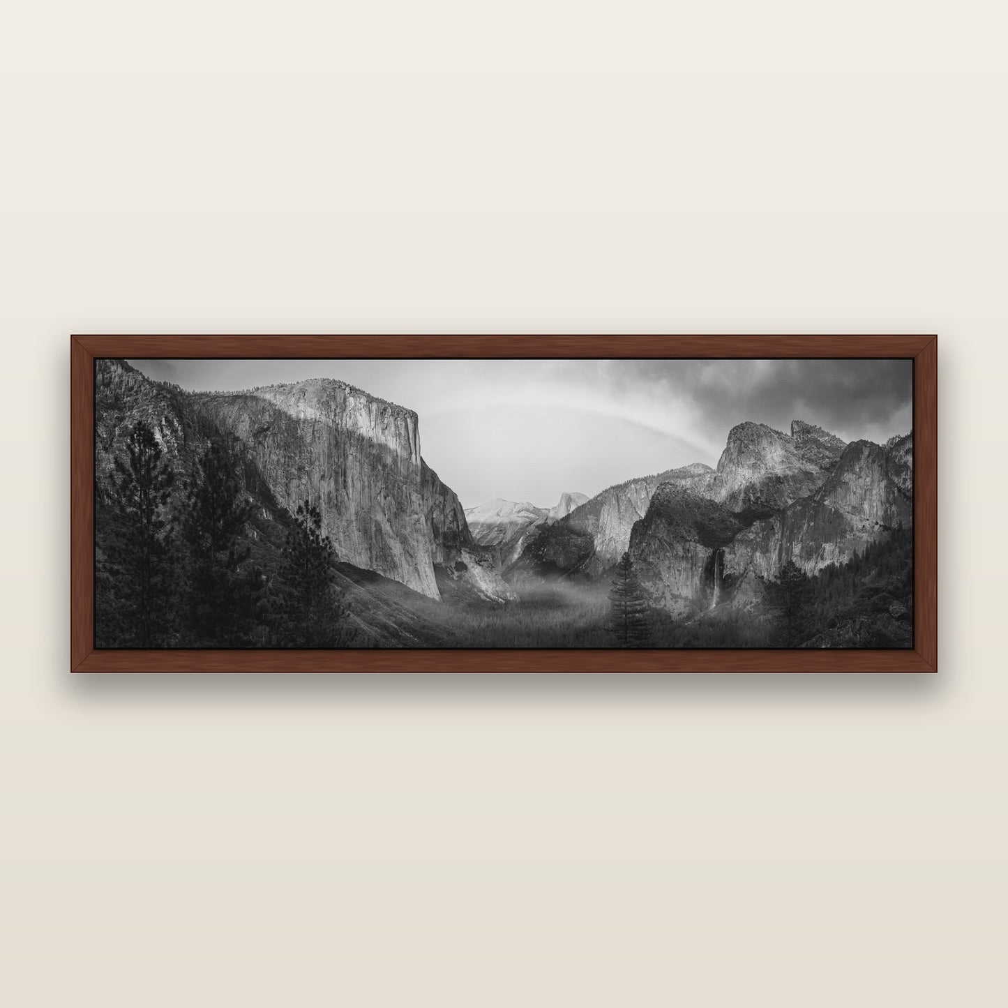 Yosemite's Embrace, Tunnel View at Sunset, black and white framed metallic canvas print, Brown frame. New Zealand fine art wall art by Stephen Milner.