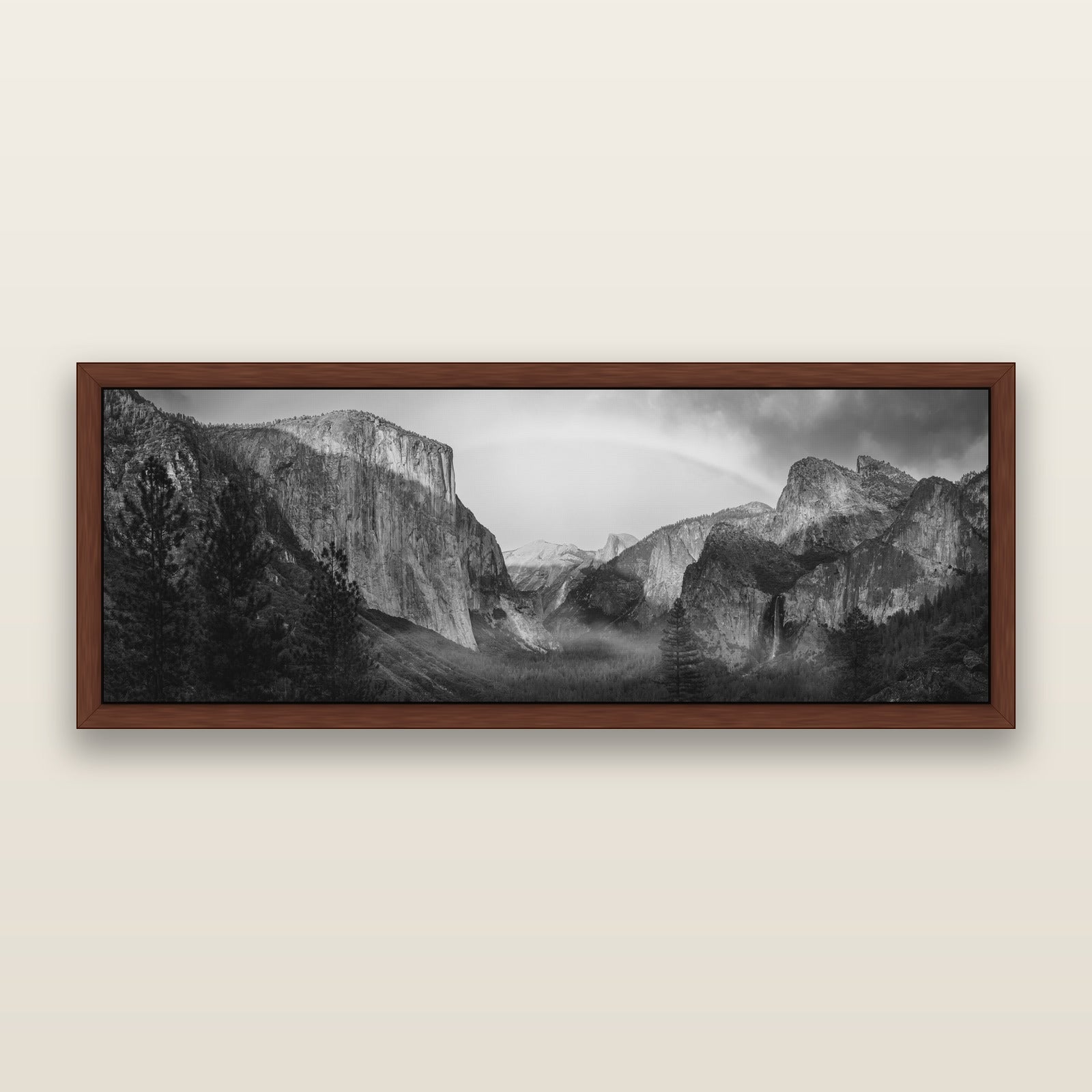 Yosemite's Embrace, Tunnel View at Sunset, black and white framed metallic canvas print, Brown frame. New Zealand fine art wall art by Stephen Milner.