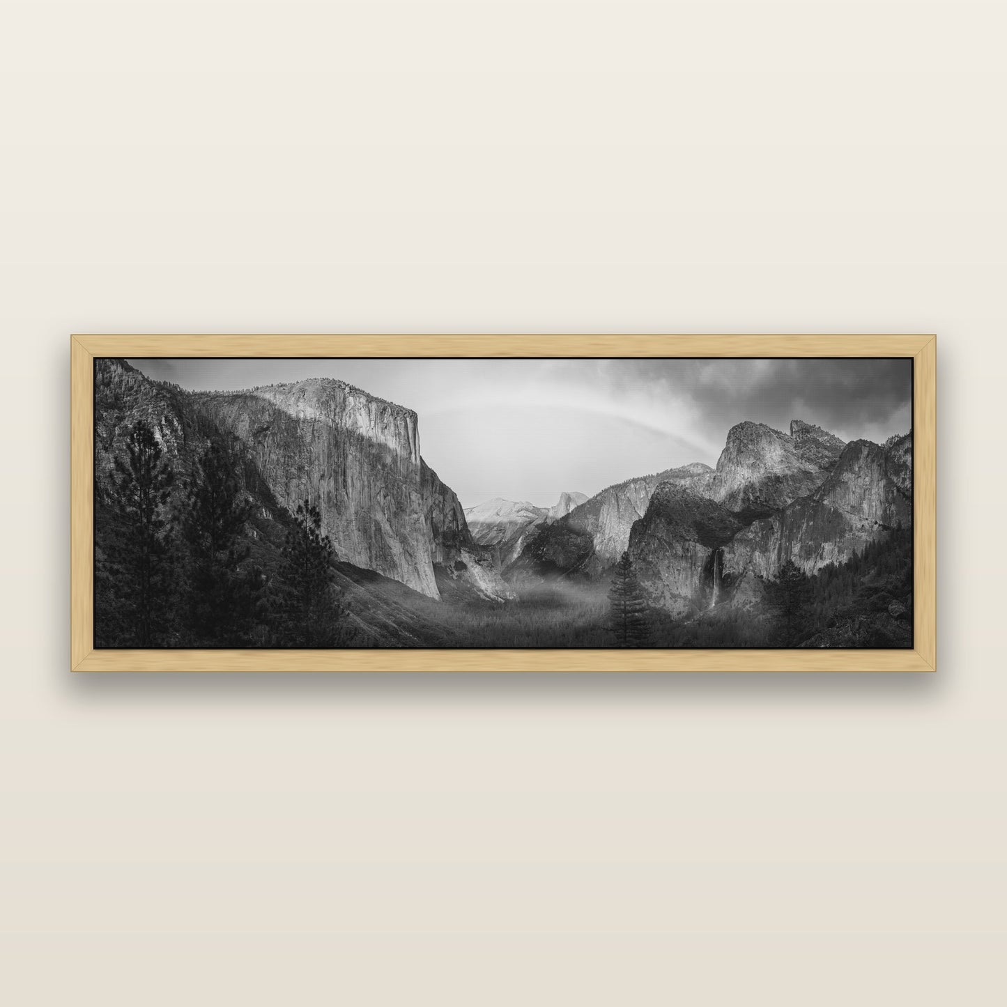 Yosemite's Embrace, Tunnel View at Sunset, black and white framed metallic canvas print, Natural frame. New Zealand fine art wall art by Stephen Milner.