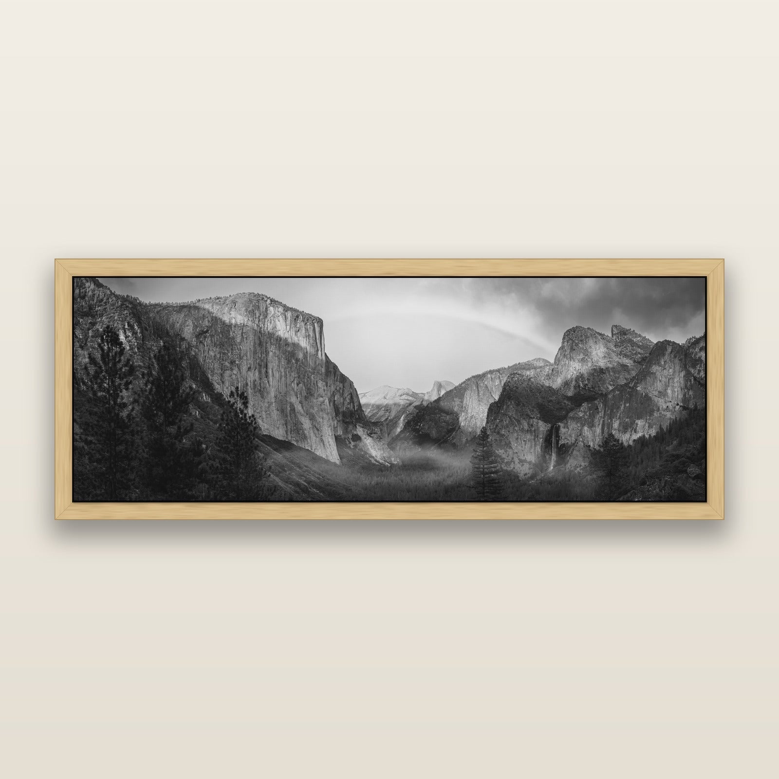 Yosemite's Embrace, Tunnel View at Sunset, black and white framed metallic canvas print, Natural frame. New Zealand fine art wall art by Stephen Milner.