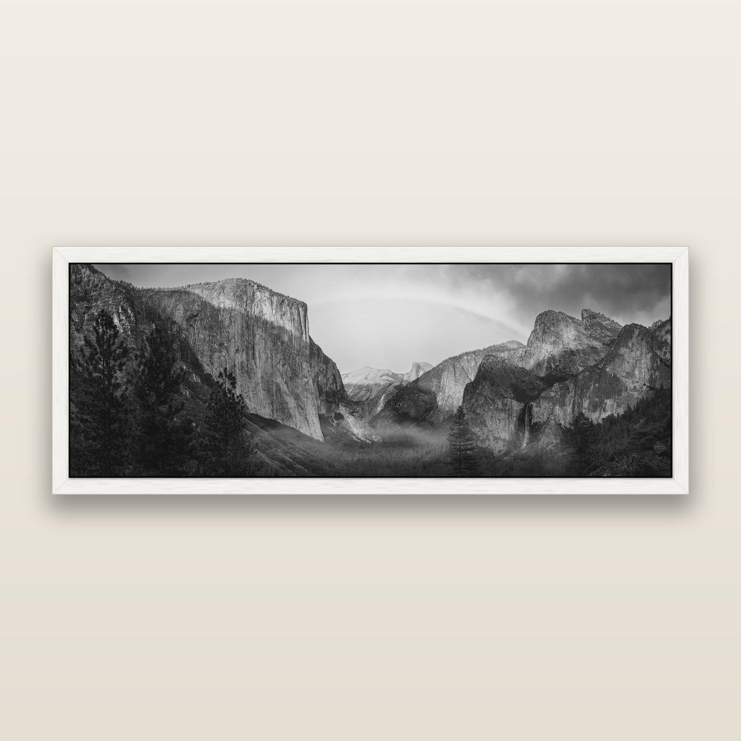 Yosemite's Embrace, Tunnel View at Sunset, black and white framed metallic canvas print, White frame. New Zealand fine art wall art by Stephen Milner.