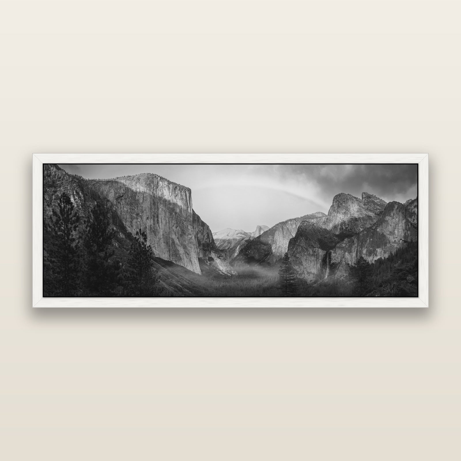 Yosemite's Embrace, Tunnel View at Sunset, black and white framed metallic canvas print, White frame. New Zealand fine art wall art by Stephen Milner.