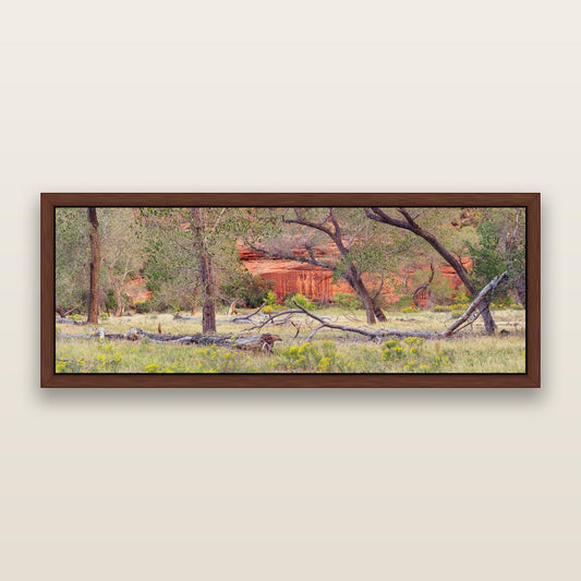 Zion's Canyon Symphony, Nature's Three Figures — framed metallic canvas print, Brown frame. New Zealand fine art landscape wall art by Stephen Milner.