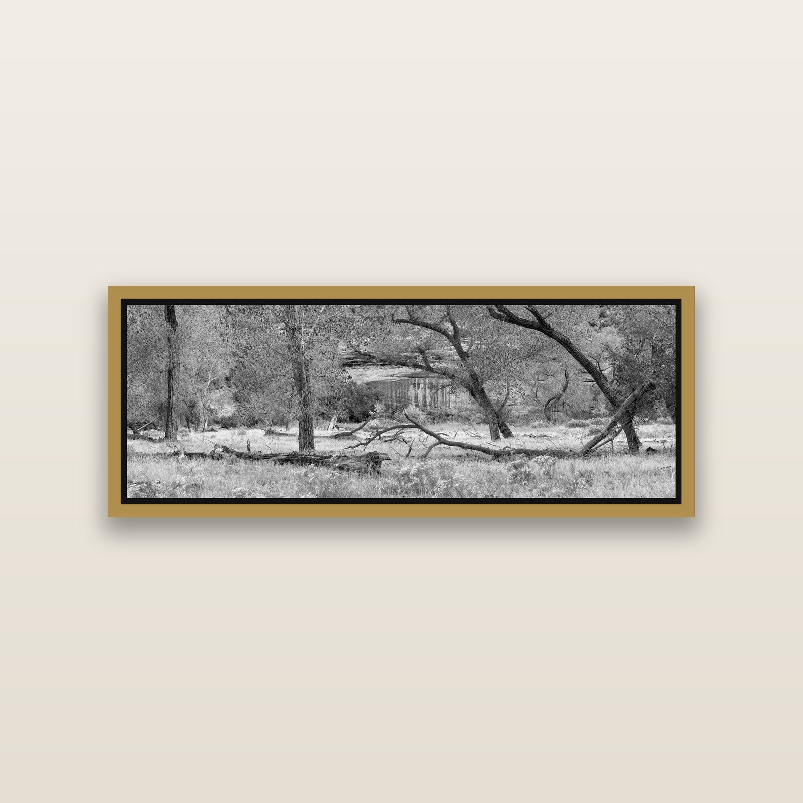 Zion's Canyon Symphony, Nature's Three Figures — Antique Gold framed metallic canvas print, small 86 × 30 cm. New Zealand fine art landscape wall art by Stephen Milner.