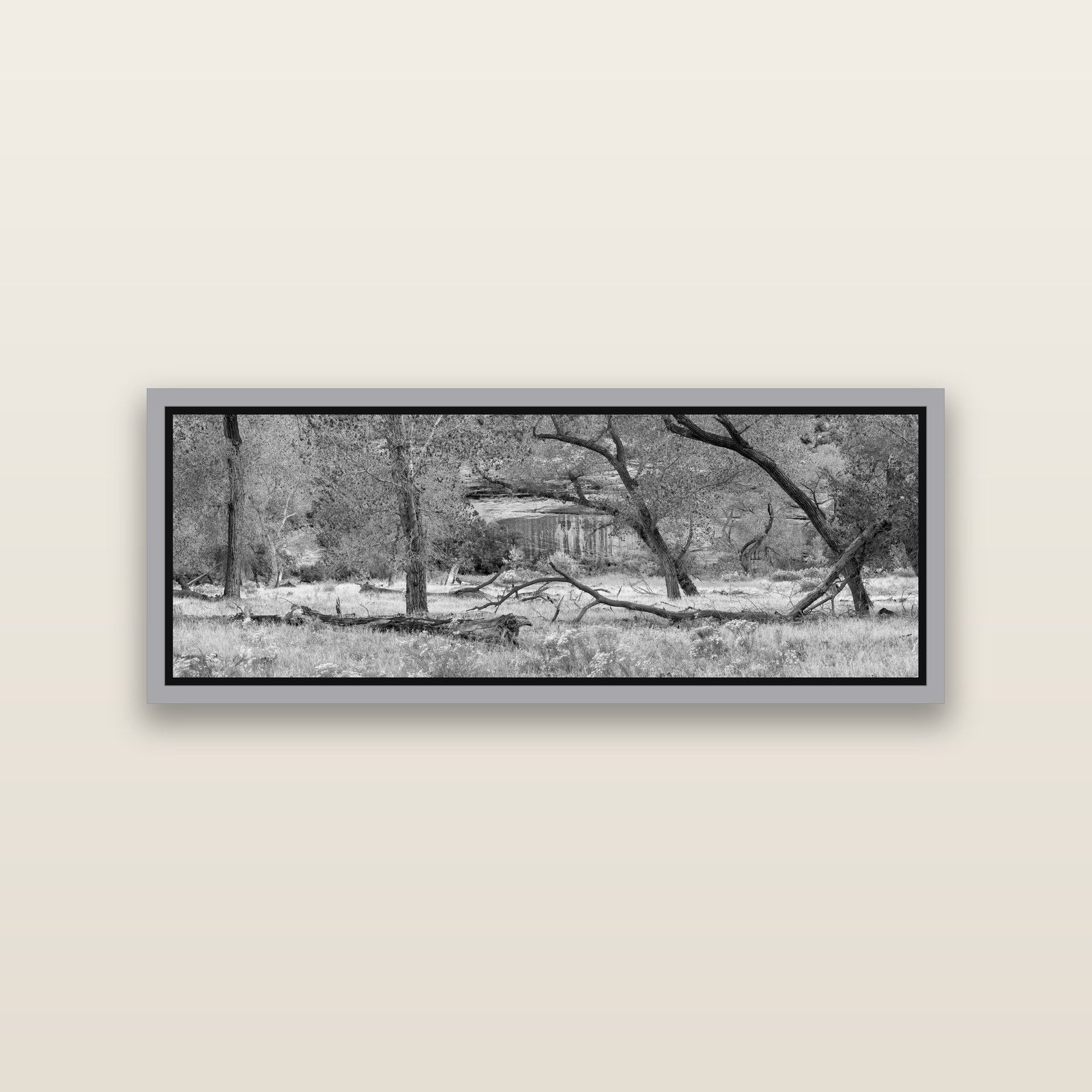 Zion's Canyon Symphony, Nature's Three Figures — Antique Silver framed metallic canvas print, small 86 × 30 cm. New Zealand fine art landscape wall art by Stephen Milner.