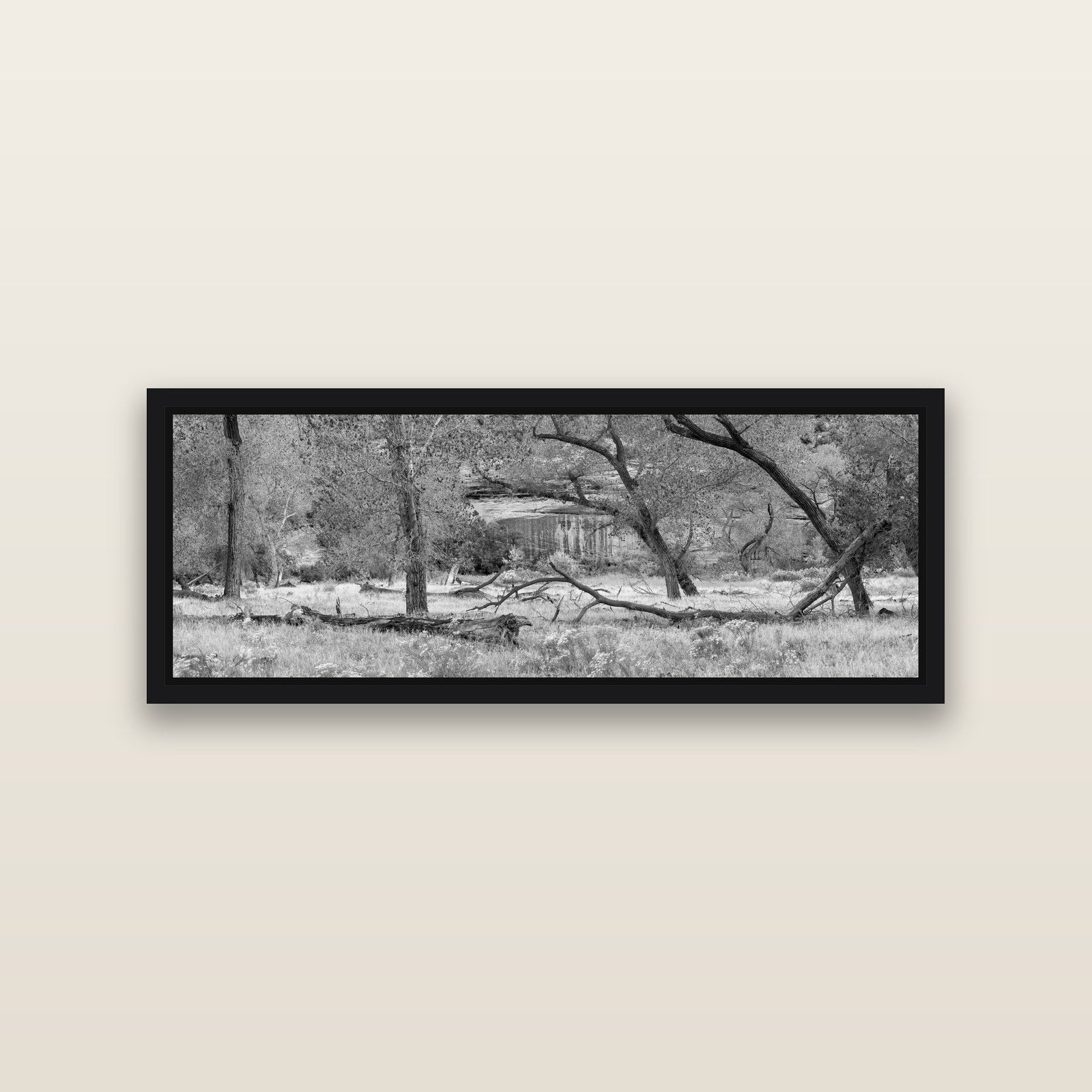 Zion's Canyon Symphony, Nature's Three Figures — Black framed metallic canvas print, small 86 × 30 cm. New Zealand fine art landscape wall art by Stephen Milner.