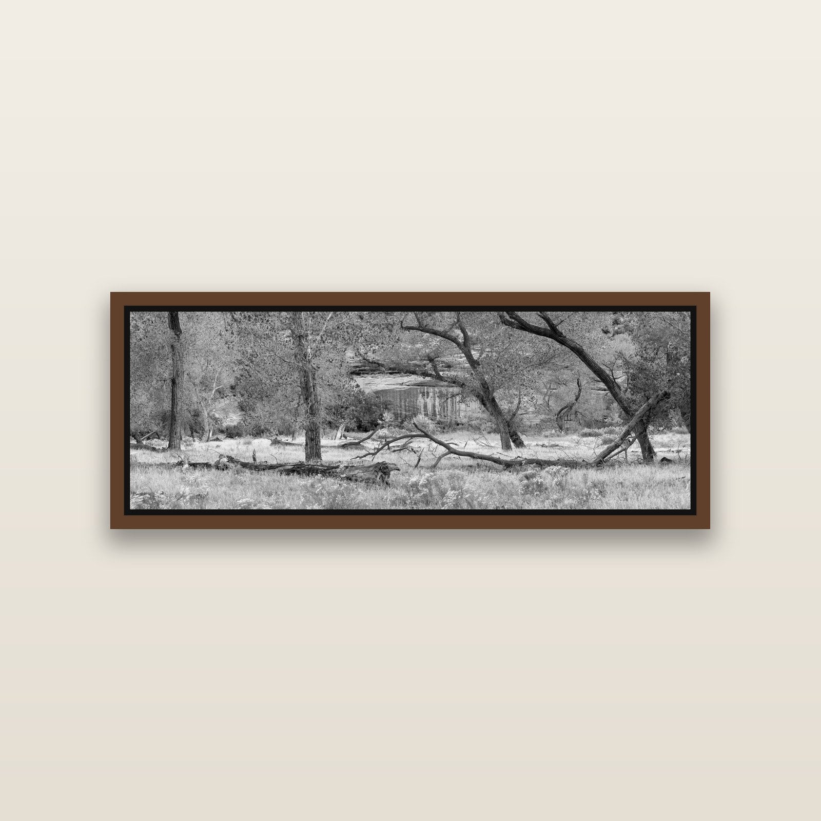 Zion's Canyon Symphony, Nature's Three Figures — Brown framed metallic canvas print, small 86 × 30 cm. New Zealand fine art landscape wall art by Stephen Milner.