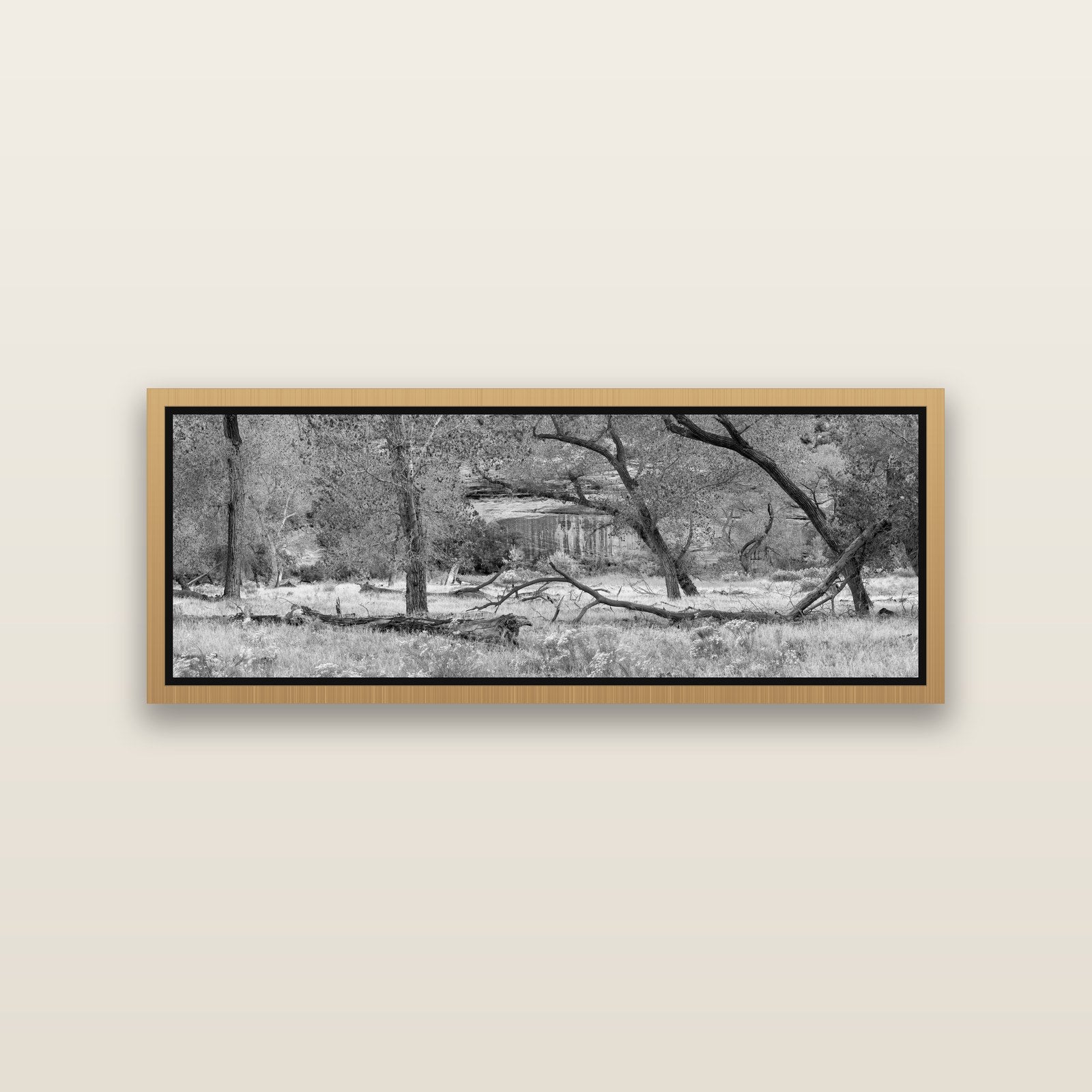 Zion's Canyon Symphony, Nature's Three Figures — Natural framed metallic canvas print, small 86 × 30 cm. New Zealand fine art landscape wall art by Stephen Milner.