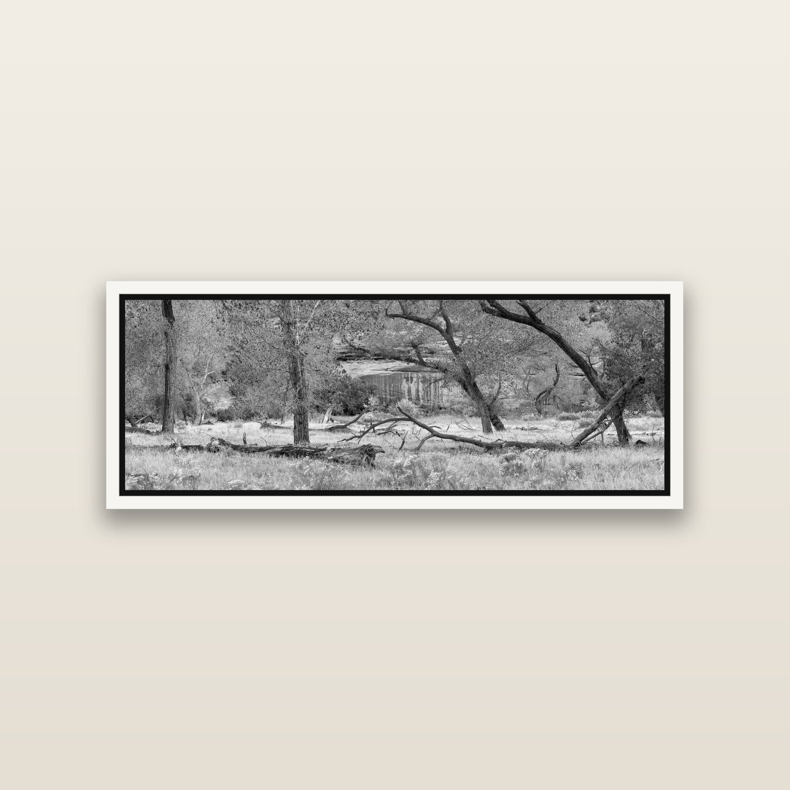 Zion's Canyon Symphony, Nature's Three Figures — White framed metallic canvas print, small 86 × 30 cm. New Zealand fine art landscape wall art by Stephen Milner.